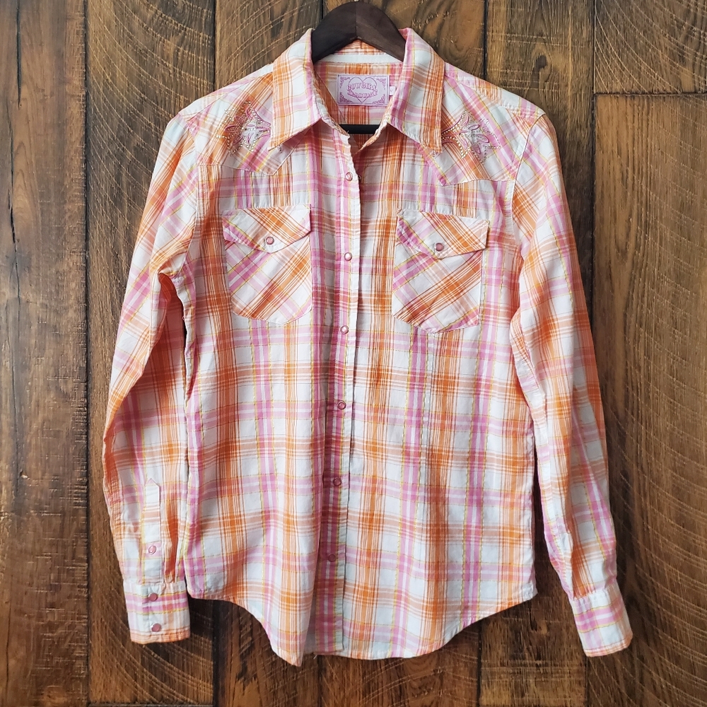 Cowgirl Hardware pink orange plaid rhinestone pearl snap shirt western medium